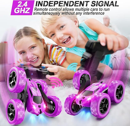 RC Cars Purple Remote Control Car for Girls 2.4 GHZ Double Sided RC Stunt Car 360° Rotating Remote Control Crawler with Headlights Car Toys for 6 7 8 9 10 11 12 Girls Birthday Gift