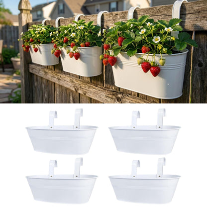 LaLaGreen Outdoor Plants Rail Planter (4 Pack, 16 Inch) White Metal Iron Hanging Flower Pots Deck Railings Fence Buckets Modern Boho Style Wall Mount Window Boxes Plant Holder Hooks Porch Home Decor