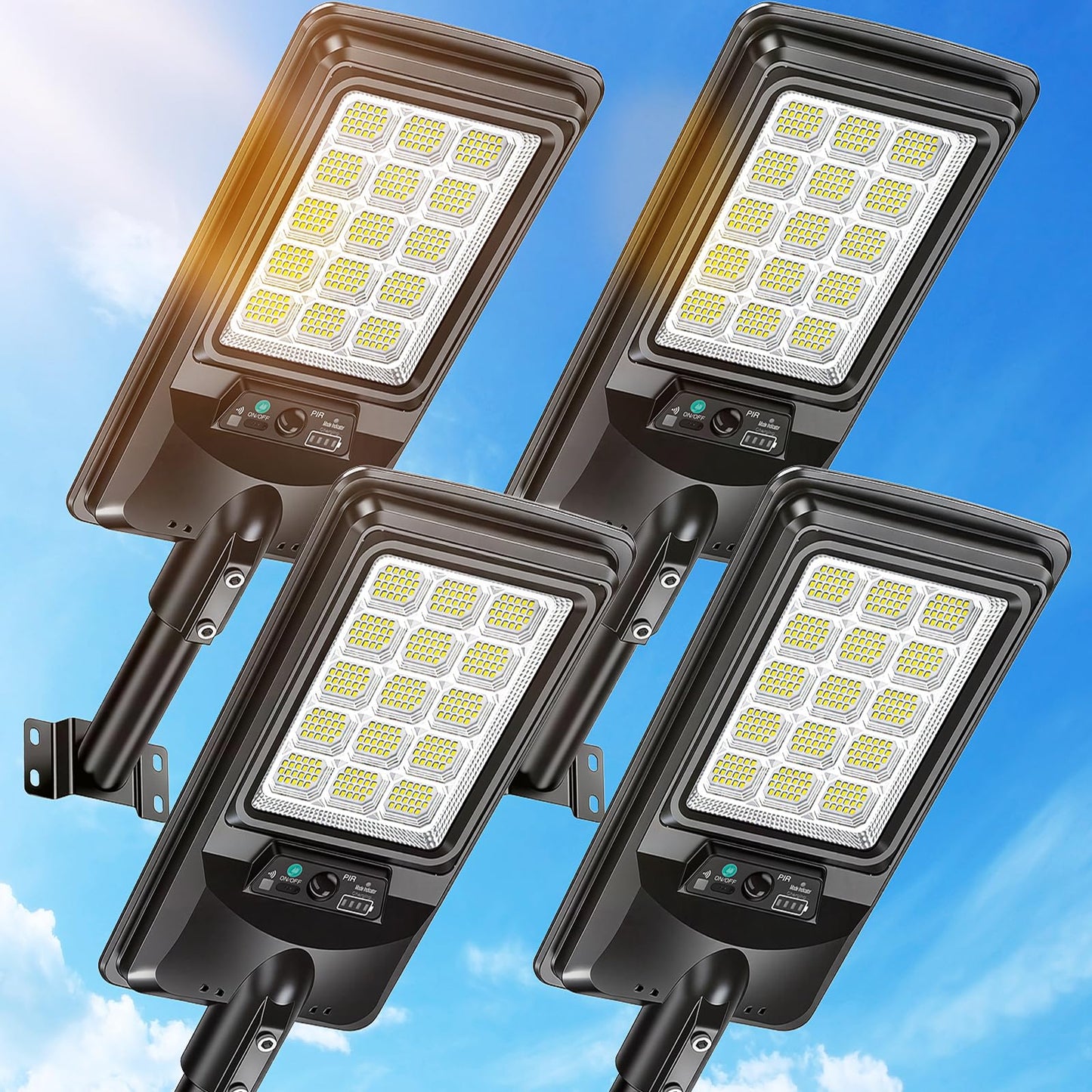 Solar Street Light Outdoor with 18'' Lamp, IP67 Waterproof Dusk to Dawn Motion Sensor Security Light, 20000LM 330pcs LED Solar Flood Lights, Wall/Pole Mount for Yard, Driveway, Parking Lot (4 Pack)