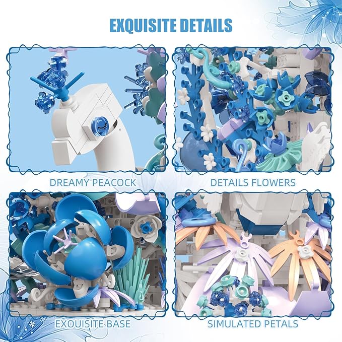 Blue Flowers Peacock Building Set for Adults - Creative Animal Botanicals Peacock Bird Toy Home Office Art Deocr Compatible with Lego for Women Mom (2470 PCS)