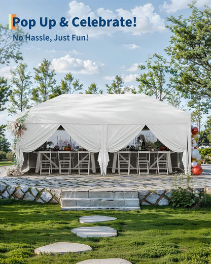 GarveeLife 10x20 Pop Up Canopy with 6 Sidewalls, Beach Ten with One Push Setup, Heavy Duty Outdoor Instant Canopy Tent with Portable Roller Bag, Silver Coated Top, 3 Adjustable Height, Sandbags,White