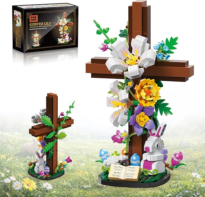 Easter Cross Flower Building Blocks Set - Jesus Botanical Lily Cross with Bunny Lamb &amp Eggs - Religious Christian Gifts for Women &amp Adults - Spring Resurrection Home Decor