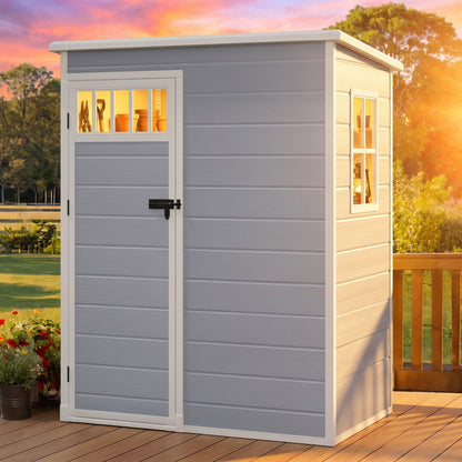 DWVO Outdoor Storage Shed, All-Weather Resin Plastic Storage Shed with Windows, Slanted Roof, Raised Floor, Capacity for Garden Tools & Equipment, Ideal for Backyard & Garden (Gray, 5X3FT)