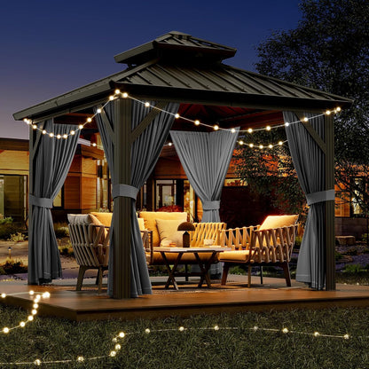 10'x10' Hardtop Gazebo, Heavy Duty Aluminum Permanent Outdoor Pavilion with Curtains and Netting for Garden, Patio, or Backyard (Grey, 10'x10')