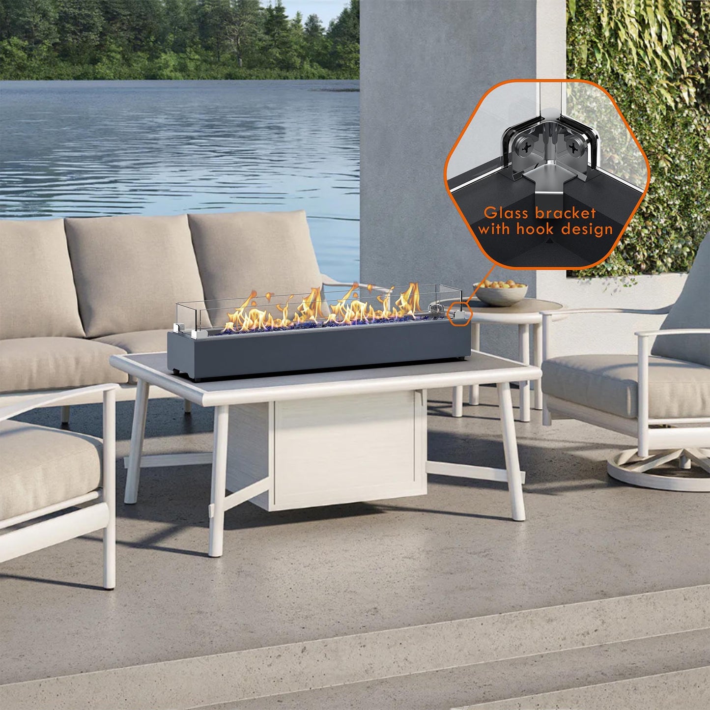 36-inch Table Top Propane Fire Pit, 40,000 BTU Tabletop Firepit for Patio, Outdoor Portable Rectangular Fire Bowl w/Wind Glass Shield, Glass Rocks - Carbon Gray