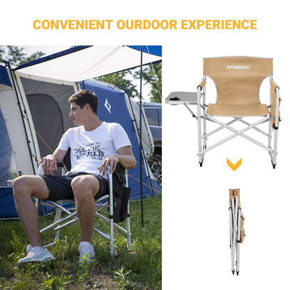 FUNDANGO Aluminium Camping Director Chair with Armrest, Portable Lightweight Folding Outdoor Camping Chair with Side Table & Umbrella Holder, Full Back Lawn Chair for Camping Fishing Picnic Stadium