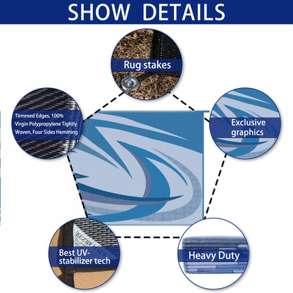 EEZ RV Products 9'x18' Heavy Duty Reversible/Durable Outdoor Patio/RV Mats Come with Large Storage Bag & 6 Sets of Stakes and Washer (Wave Blue)
