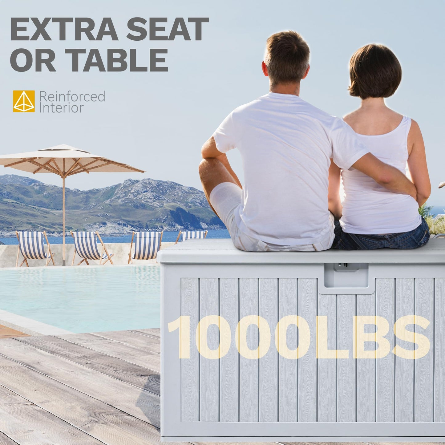 DWVO 180 Gallon Resin Outdoor Storage Box, XXL Double-Wall Waterproof Deck Box, Doubles as Table or Seating with 1000 lbs Capacity, Lockable (Grayish-White)