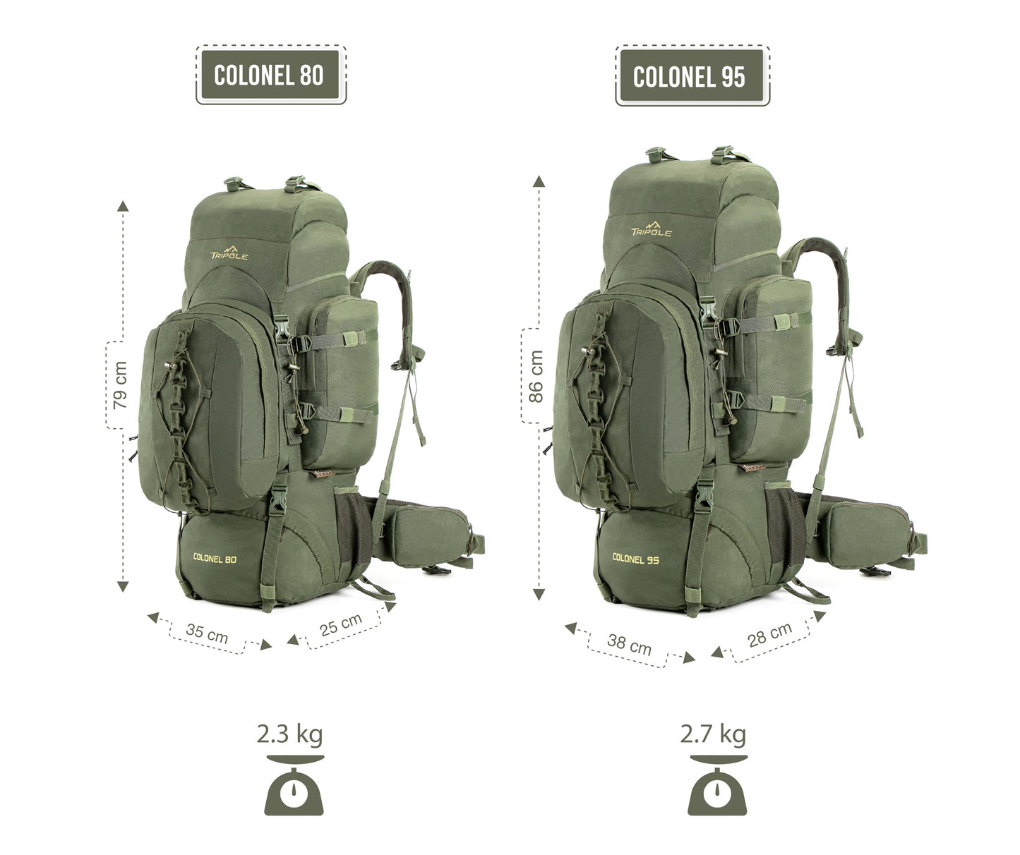 Tripole Colonel 95 Litres Internal Frame Rucksack + Detachable Day Pack, Rain Cover, Army Green