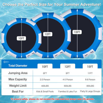 ACOMUZI Inflatable Water Trampoline for Lake Pool Ocean, 10FT/12FT/15FT Heavy Duty Floating Bounce Swim Platform with Ladder & Ropes, Inflatable Floating Dock for Family (NO Pump)