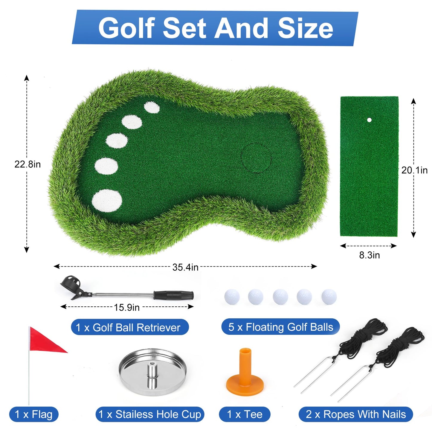 Sagsewful Floating Golf Green for Pool, Floating Chipping Green Mat with Ball Retriever for Pool/Lake, No Drifting Floating Golf Putting Turf Game Set for Golfers