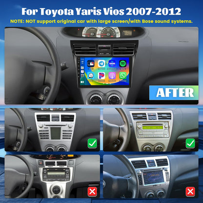 [8 Core 6G+128G] Android Radio for Toyota Yaris Vios 2007-2012 with Wireless Carplay Android Auto, 9 Inch IPS Touch Screen Car Stereo, Bluetooth 5.0, 32 EQ, GPS Navigation, 5GHz WiFi, 59UI, SWC