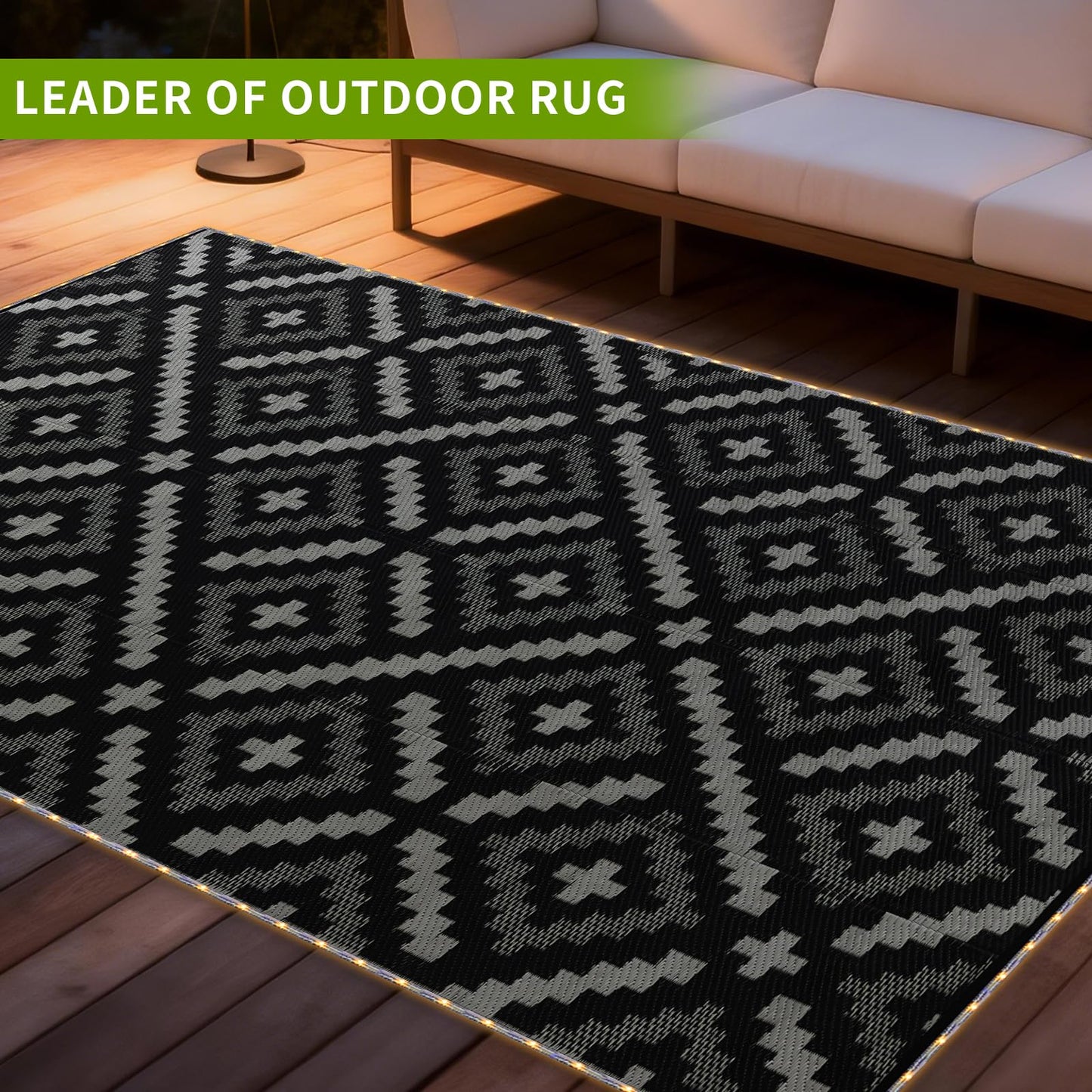 YONILE 9x12 ft Outdoor Rug Waterproof for Patio with LED Light,Large Outdoor Plastic Straw Rug,Reversible Plastic Area Rugs Mat Outside Carpet for RV, Deck, Porch, Picnic, Beach, Balcony