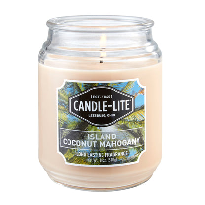 Candle-lite Scented Candles, Island Coconut Mahogany Fragrance, One 18 oz. Single-Wick Aromatherapy Candle with 110 Hours of Burn Time, White Color