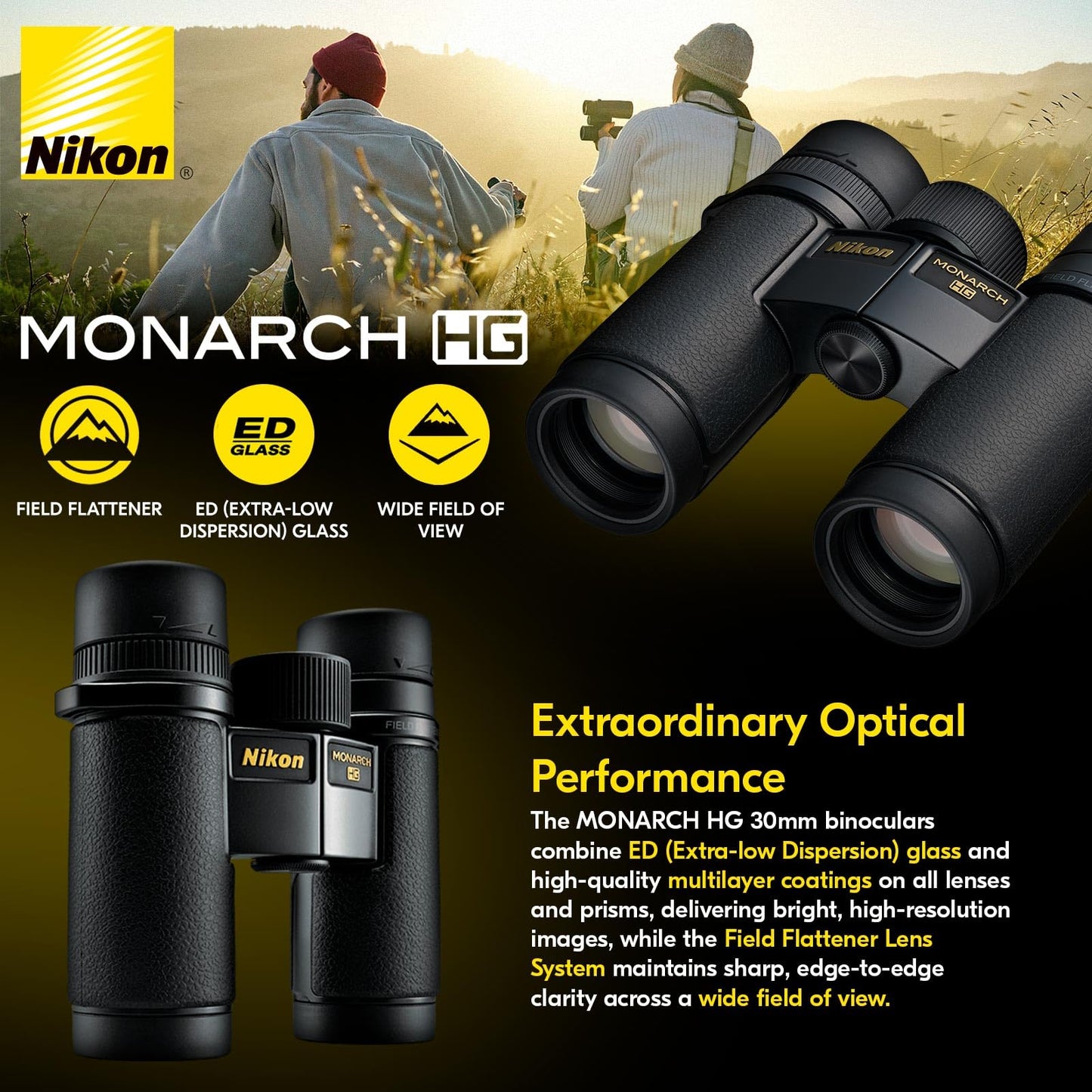 Nikon Monarch HG 10x30mm Binocular - Wide Field of View, Multicoated Optics, High-Definition Viewing - Lightweight Waterproof Fogproof Outdoor Nature Observation Binoculars (16576)