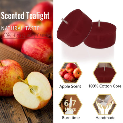 Red Tea Lights Candles Set of 24, Apple Scented Tealight Candles, 6-7 Hour Long Burning Handmade Tea Candles for Wedding Dinner Table Holiday Home Decor