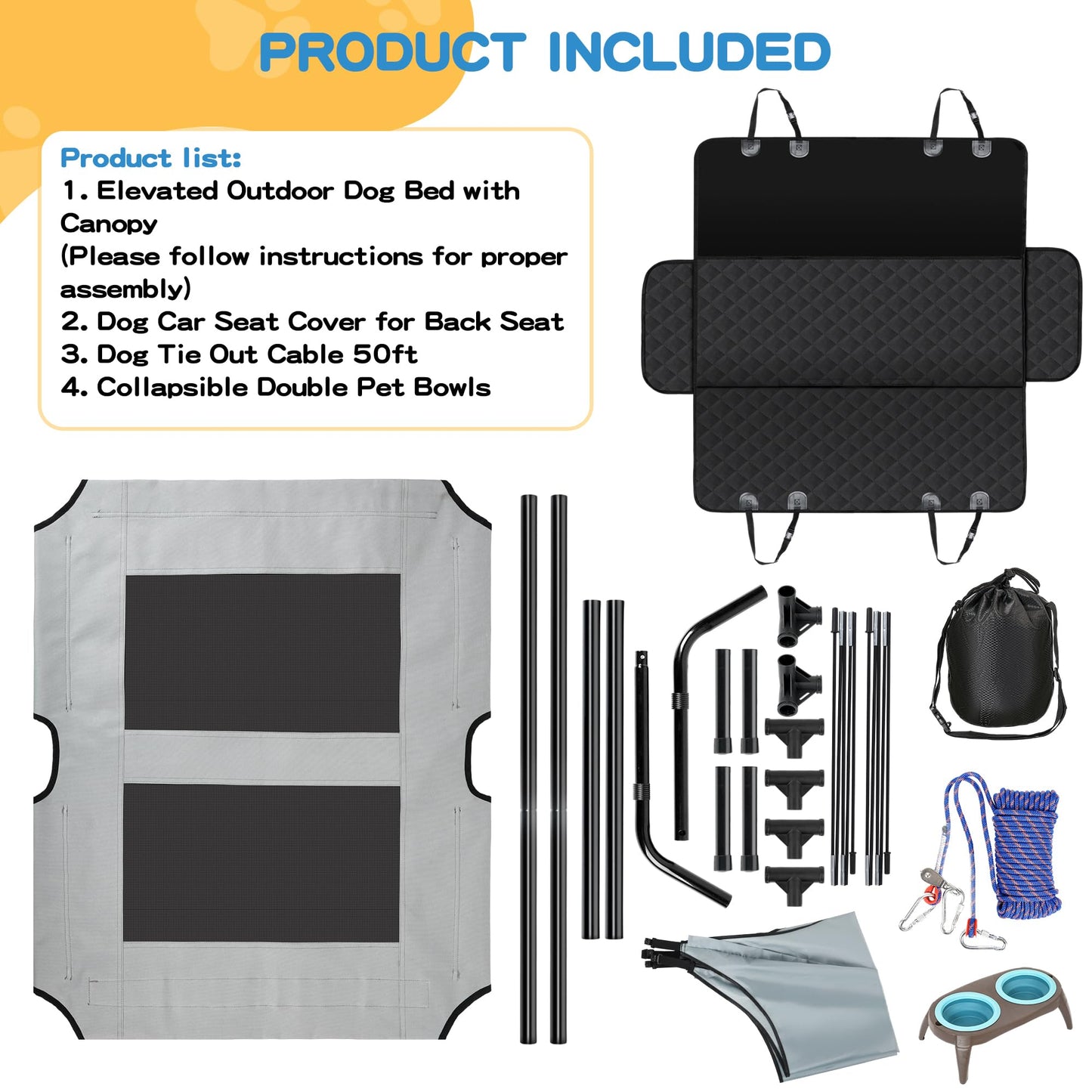 Velupet Zoom 4-in-1 Pet Travel & Outdoor Set, Include 48in Gray Elevated Dog Bed with Canopy, Dog Canopy Bed, Pet Back Seat Cover, 50ft Tie Out Cable, Collapsible Double Pet Bowls