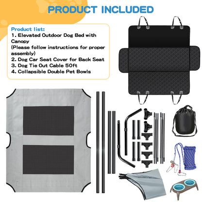 Velupet Zoom 4-in-1 Pet Travel & Outdoor Set, Include 48in Gray Elevated Dog Bed with Canopy, Dog Canopy Bed, Pet Back Seat Cover, 50ft Tie Out Cable, Collapsible Double Pet Bowls