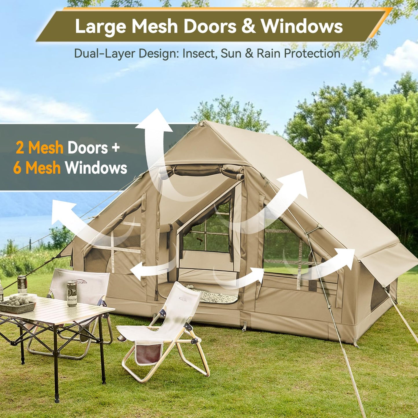 4-6 Person Inflatable Tents for Camping, Easy Blow Up Tent with Electric Pump, 4 Seasons Waterproof Air Inflatable Camping Tent House for Family Camping，Beige