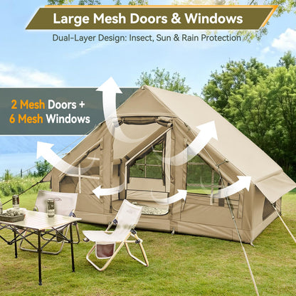 4-6 Person Inflatable Tents for Camping, Easy Blow Up Tent with Electric Pump, 4 Seasons Waterproof Air Inflatable Camping Tent House for Family Camping，Beige