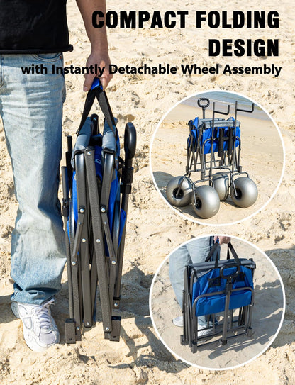 13" Balloon Bubble Wheel Beach Cart Collapsible Wagon with Big Fat All Terrain Inflatable Air Tire, Large Outdoor Wagon & Fishing Cart with Balloon Tire, Dolly with Big Wheels for Sand Camping (Blue)