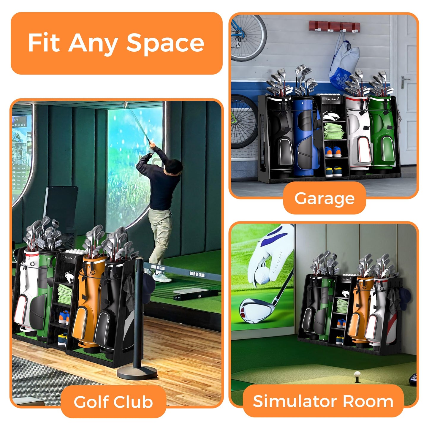 SuniBoxi Golf Organizer for Garage, XL Wooden Golf Bag Storage Rack for 4 Bags, Clubs, Balls & Equipment, Heavy-Duty Golf Bag Holder, Ideal Gift for Golfers, Dad, Husband(4 Bags,Dark Black)