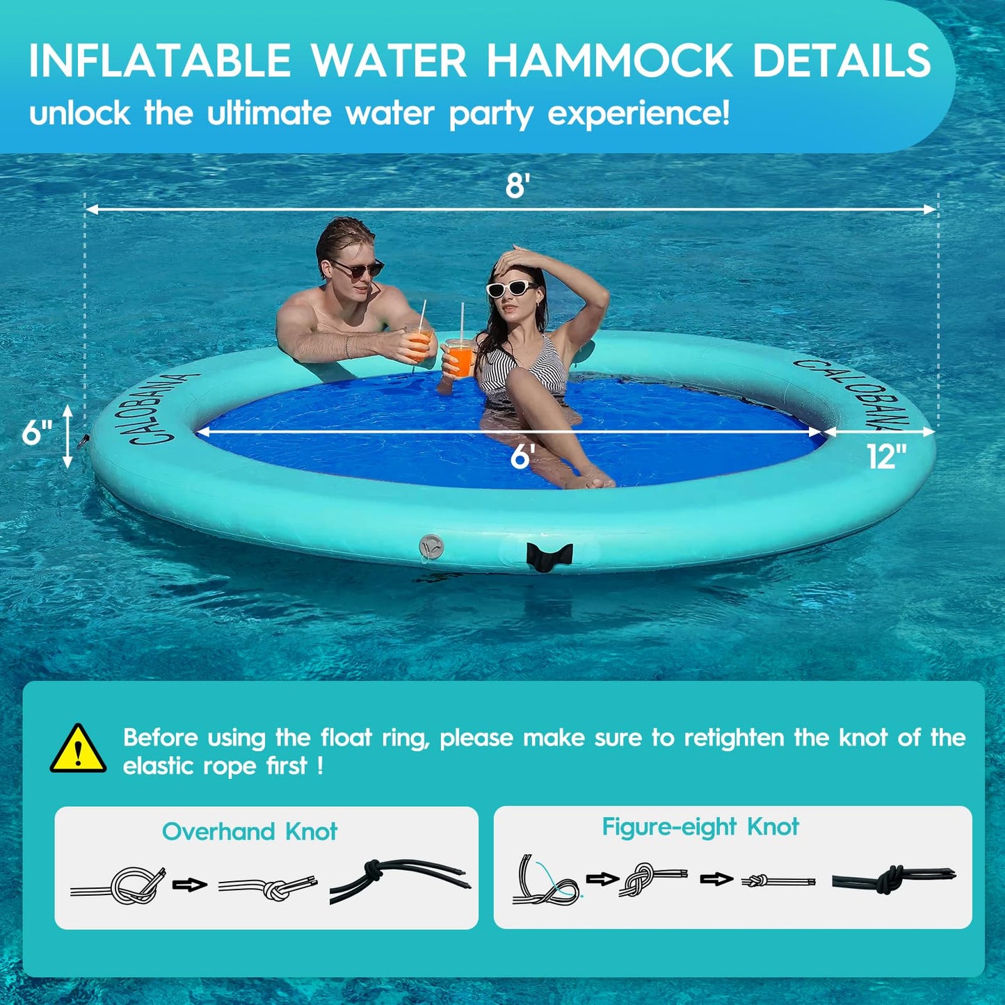 CALOBANA 8' x 8' Heavy Duty Floating Hammock for Multi Person Party Lake Floating Island with Mesh Water Rafts for Lake Tanning Pool Lounger Float for Adults Round Float Mat