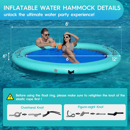 CALOBANA 8' x 8' Heavy Duty Floating Hammock for Multi Person Party Lake Floating Island with Mesh Water Rafts for Lake Tanning Pool Lounger Float for Adults Round Float Mat