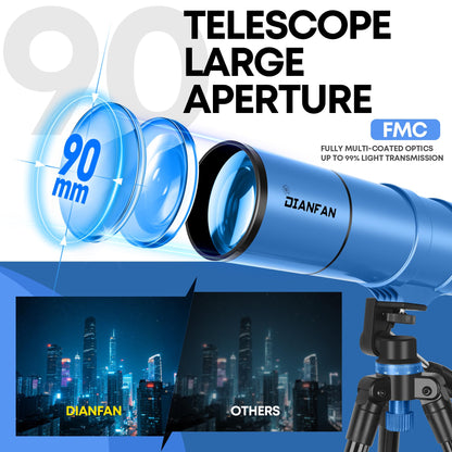 Dianfan Telescope for Kids & Adults, 90mm Aperture 550mm Astronomical Professional Telescope for Adults High Powered, Portable Travel Telescopes for Beginners with Tripod & Adapter, Bag, Folding Stool