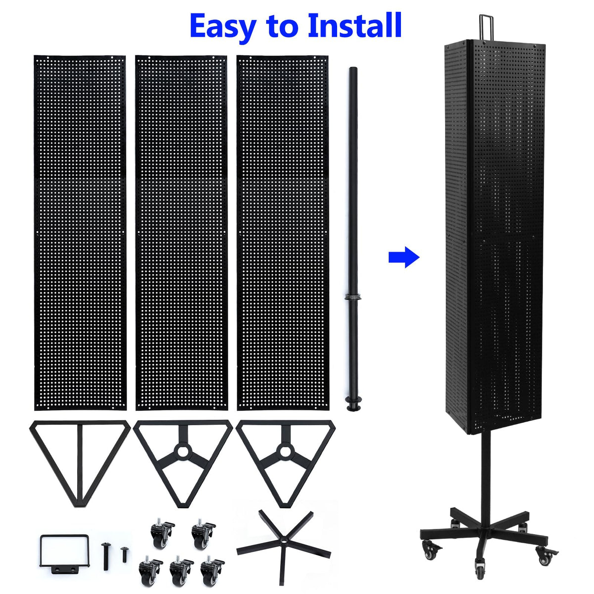 NectaCol Triangular Metal Pegboard Panels Display with Base and Pole, Black Pegboard Display Stand with Wheels, Jewelry Display Rack, Art Display Stand, Extra 20 pieces Hooks