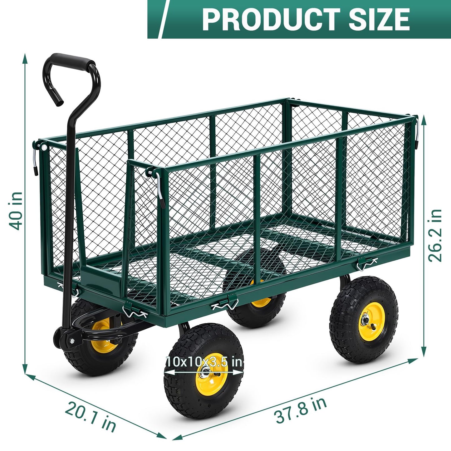 Heavy Duty 500 LBS Steel Garden Cart with 10" Tires, Garden Wagon Cart with 180° Rotating Handle and Removable Sides, Metal Wagon for Yard, Farm, Lawn