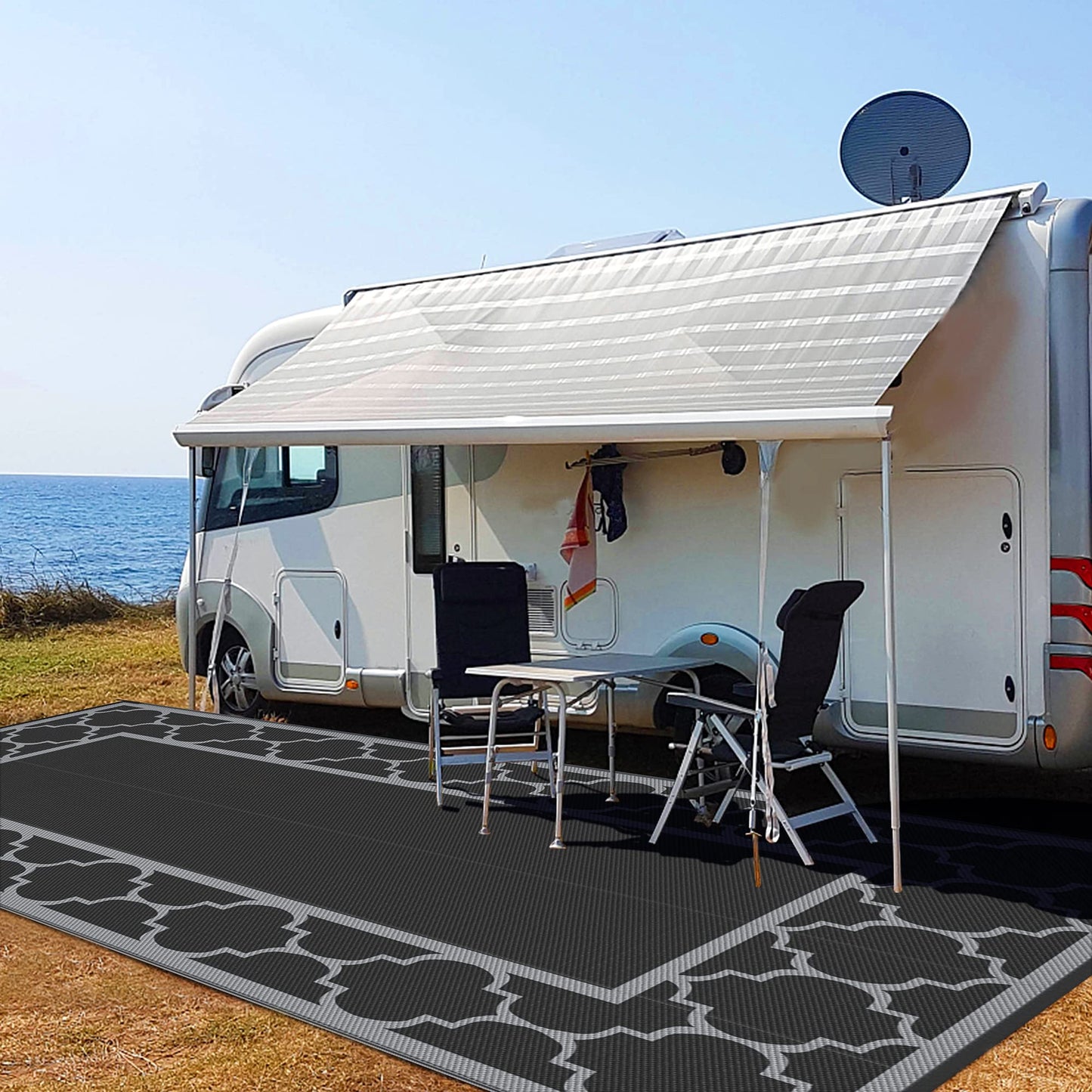 GENIMO 9' x 18' Outdoor Rug Waterproof for Patio, Foldable Reversible Plastic Straw Area Rugs Mat for Rv Decor, Outside Carpet for Camper, Deck, Picnic, Beach, Balcony, Porch, Black & Grey