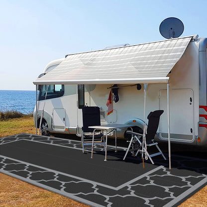 GENIMO 9' x 18' Outdoor Rug Waterproof for Patio, Foldable Reversible Plastic Straw Area Rugs Mat for Rv Decor, Outside Carpet for Camper, Deck, Picnic, Beach, Balcony, Porch, Black & Grey
