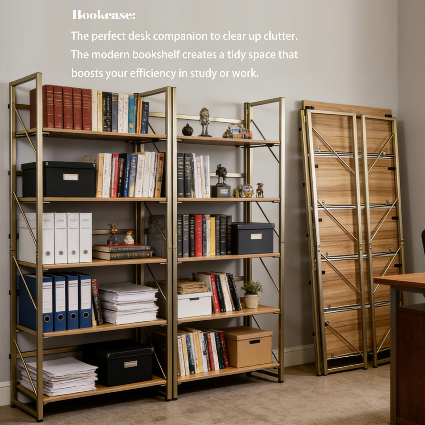 Kogven Folding Bookshelf, 2-in-1 Convertible Design, Multifunctional Plant Stand Storage Rack Shelves for Home Office, Easy Assembly, 5-Tier,Gold & Nature Wood