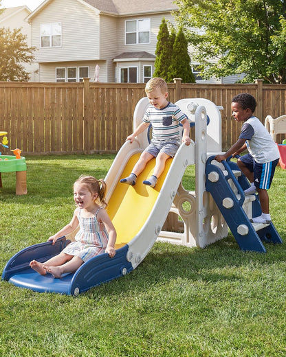 CHIIRAKU Toddler Slide L-Shaped, 5 in 1 Kids Slide Climber for Toddler, with Ball & Hoop, Indoor Outdoor Baby Playset, Anti-Slip, 65IN/165CM,Toy Storage, Ideal for Boys Girls Birthday
