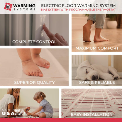 Warming Systems 10 Sqft Electric Radiant Floor Heating Mat – 120V Heated Tile Floor System with Programmable Thermostat (TH115), Floor Sensor, Installation Monitor & 25 Year Warranty, USA Made