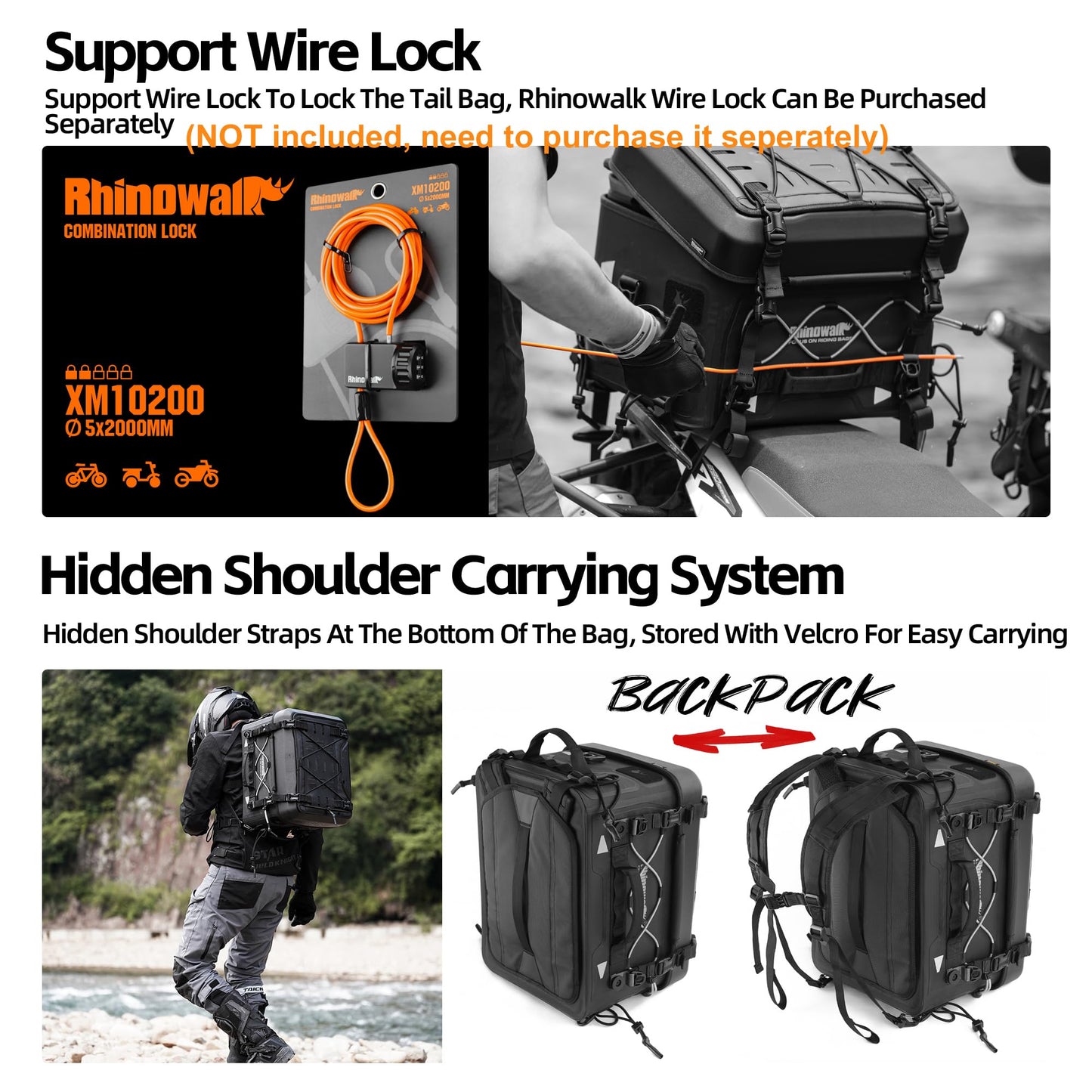 Rhinowalk Waterproof Motorcycle Cooler Tail Bag Top Case– 36L Hard Shell Case + 22L Insulated Insert Bagfor Outdoor Adventures (MFT2302)