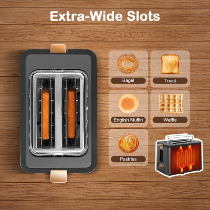 Mecity 2-Slice Toaster - Stainless Steel Body with 6 Browning Settings & Extra Wide Slots | Grey