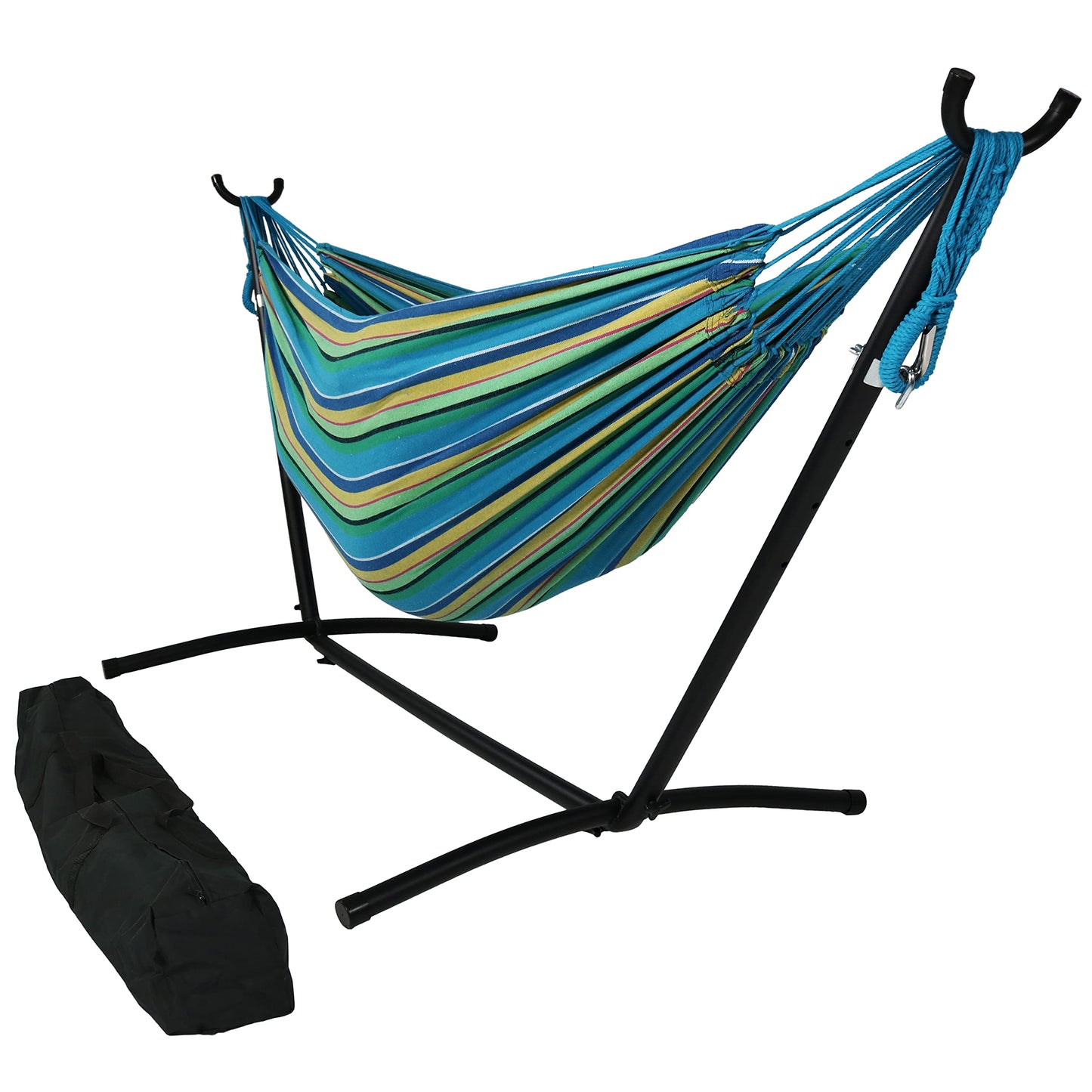 Sunnydaze Double Brazilian Hammock with Stand and Carrying Case - 400-Pound Capacity - Black Stand - Sea Grass