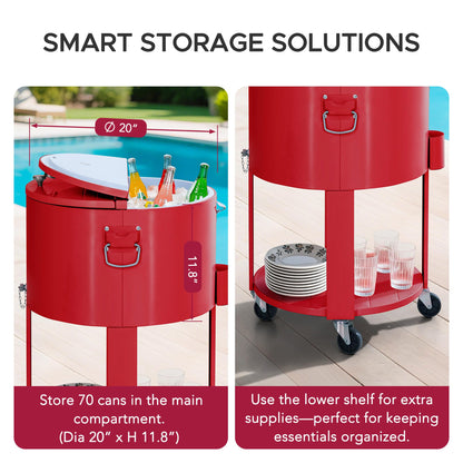 SUNJOY 60 Quart Rooling Ice Chest Cooler Cart, Portable Patio Party Bar Drink Cooler Cart, Beverage Bar with Bottle Opener and Shelf, Red