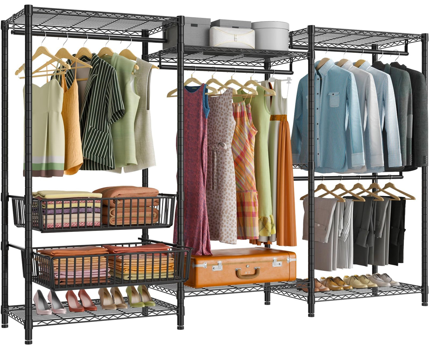 VIPEK V10 Garment Rack Large Size Heavy Duty Clothes Rack with Hanging Rods, Adjustable Shelves & 2 Slid Storage Baskets, Wire Clothing Rack 68.9" W x 15.7" D x 76.4" H, Max Load 920 LBS, Black