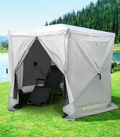 Raynesys 6 Sided Pop Up Gazebo Tent, Camping Screen Tent for 6-8 Person Foldable, Pop-Up Canopy Shelter with Mesh Windows, UV Resistant, Quick Set, Outdoor Gazebo with 6 Removable Wind Cloths, Gray
