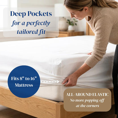 Beckham Hotel Collection King Size Sheets Set - 100% Cotton Sateen, Silky Smooth, 16” Deep Pocket, White