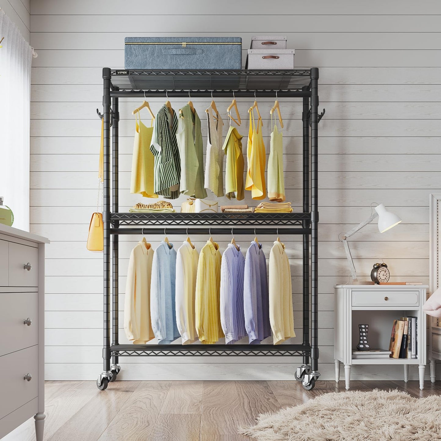VIPEK R2 Plus Heavy Duty Rolling Garment Rack 3 Tiers Adjustable Wire Shelving Clothes Rack with Double Rods and Side Hooks, Freestanding Wardrobe Storage Rack Metal Clothing Rack, Black