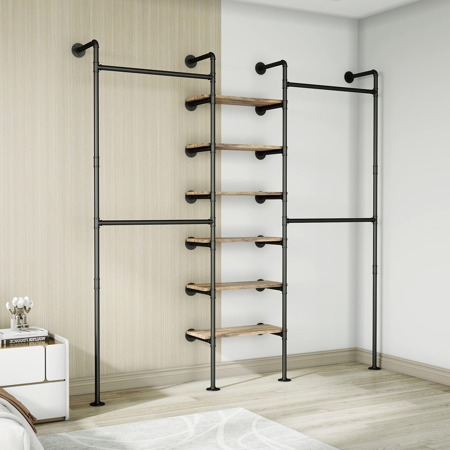 HKaikzo Wall Mounted Closet System 85" H×81" W, Industrial Pipe Clothing Rack for Walk-in Closet with 6 Shelves, Heavy Duty 200LBS Garment Rack, Color-Coded Assembly, 3 Layout Options, Black