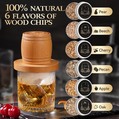 G GOOD GAIN Whiskey Smoker Kit with Torch - Old Fashioned Cocktail Smoker Kit with 6 Flavors Wood Chips | Drink Bourbon Infuser Set with 4 Stainless Steel Ice Stone for Men, Dad (No Fuel Included)