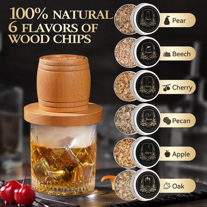 G GOOD GAIN Whiskey Smoker Kit with Torch - Old Fashioned Cocktail Smoker Kit with 6 Flavors Wood Chips | Drink Bourbon Infuser Set with 4 Stainless Steel Ice Stone for Men, Dad (No Fuel Included)