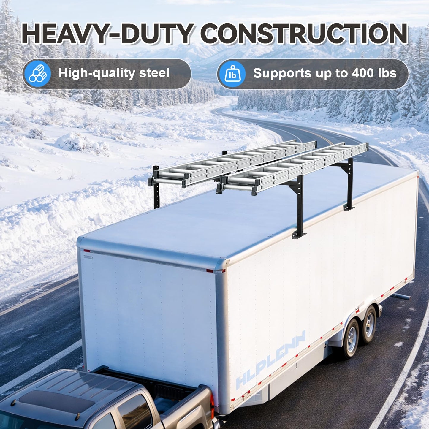 Universal Trailer Ladder Rack, Heavy Duty Adjustable Roof Ladder Rack for Enclosed & Open Trailers, 52.6"-88.4" W & 6.5"-23.5" H Adjustable, 400 lbs Capacity, Rustproof Steel with Ladder Stoppers