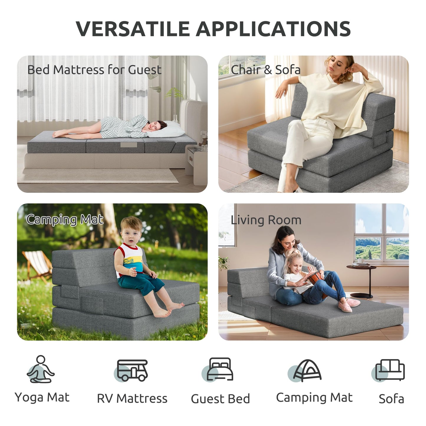 Youzi Folding Sofa Bed Queen, 6 Inches Foam Floor Sofa and Folding Mattress with Washable Cover, Fold Out Couch for Guests, Camping and Travel, Dark Gray, 80" x 60" x 6"