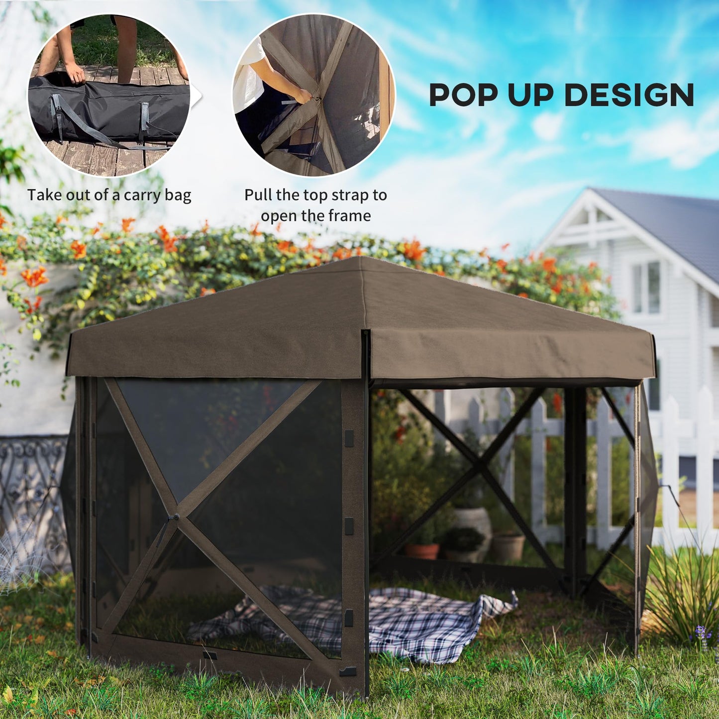 Outsunny 12' x 12' Hexagonal Pop Up Gazebo Tent with 5 Sidewalls, Waterproof Portable Outdoor Canopy Shelter with Curtains, Carry Bag, 5 Ropes, 11 Stakes for Camping, Garden, Patio, Brown